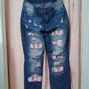 Blue Distressed Boyfriend Jeans with Floral Patches